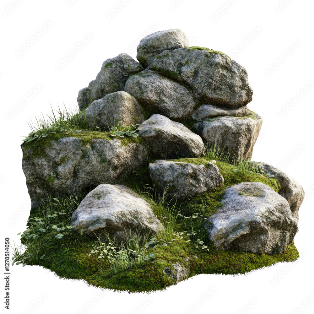 Isolated on a white background, mossy rocks and grasses, Isolated on a white background, mossy rocks and grasses,