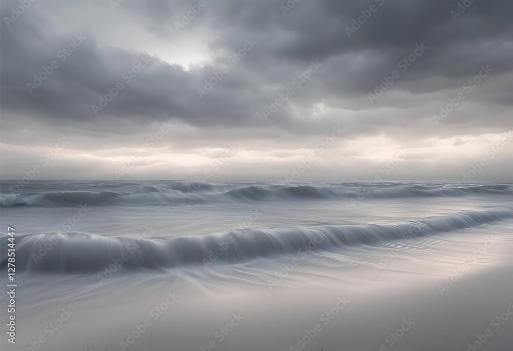 Obraz premium A Moment of Ocean Serenity: Serene Beach with Cloudy Sky and Gentle Waves