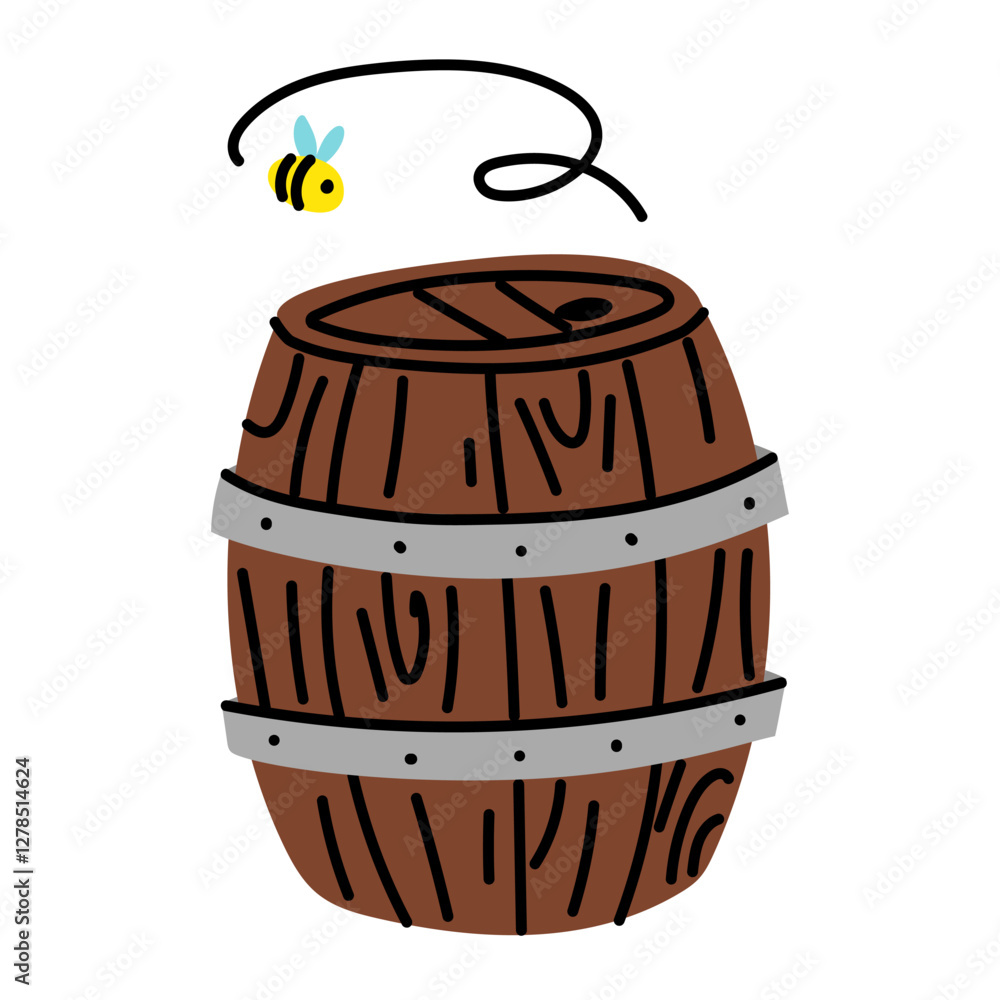 wooden barrel with a bee. A barrel filled with honey, over which a bee hovers. The bee feels honey. The beauty of beekeeping, the purity of honey and the importance of bees in the ecosystem of nature. wooden barrel with a bee. A barrel filled with honey, over which a bee hovers. The bee feels honey. The beauty of beekeeping, the purity of honey and the importance of bees in the ecosystem of nature.
