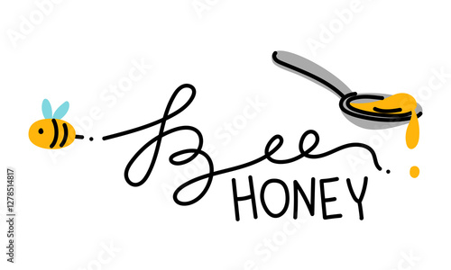 inscription is Bee honey with a bee and a spoonful of honey. The natural sweetness and purity of honey. It is ideal for packaging food, healthy lifestyle products or environmentally friendly products.