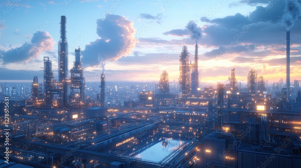 A sprawling industrial complex with tall smokestacks and glowing lights under a beautiful sunset sky, reflecting modern manufacturing and energy production. A sprawling industrial complex with tall smokestacks and glowing lights under a beautiful sunset sky, reflecting modern manufacturing and energy production.