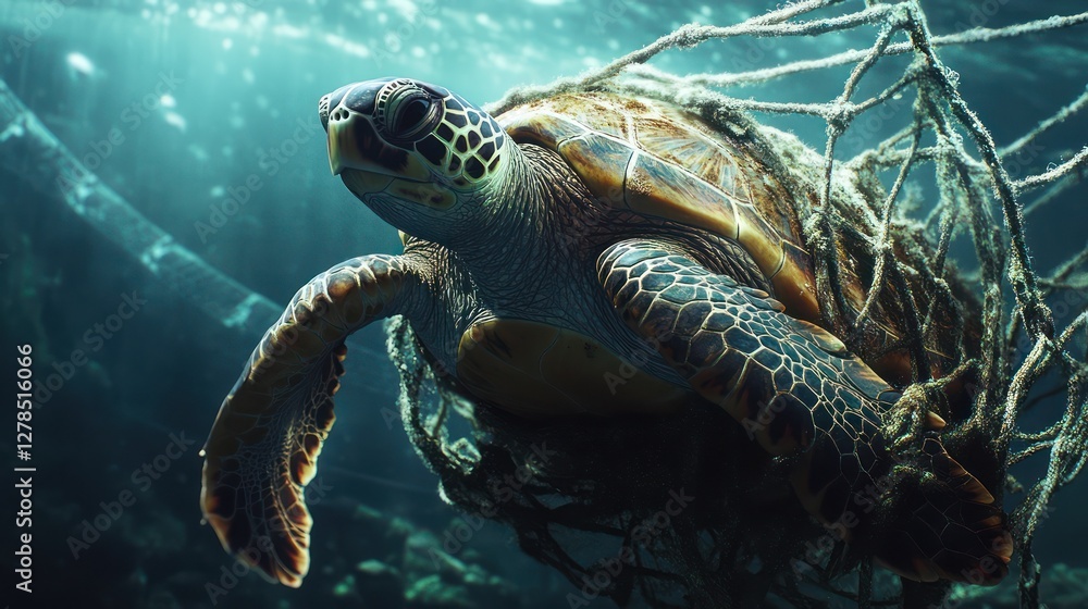 Fototapeta premium Entangled Turtle, Ocean Debris, Wreckage