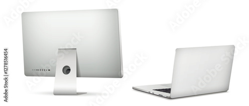 Computer display with laptop rear view isolated on white background