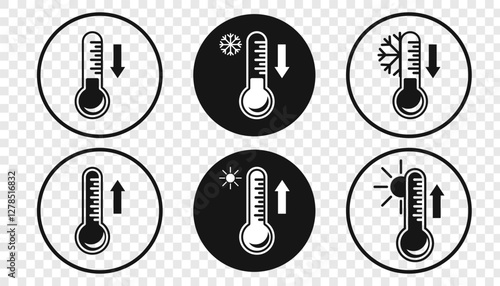 Set of different weather thermometer icons. Filled icon, no stroke. Stroke icon, no fill. Cold weather. Low temperature. Vector illustration