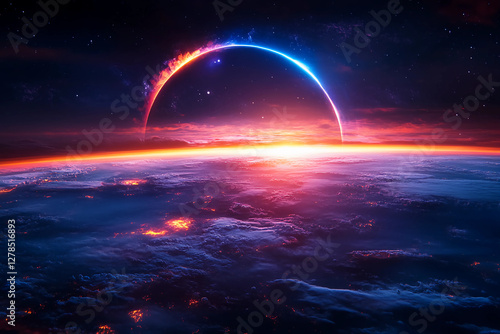 Mesmerizing glowing celestial scene with shimmering quantum waves, radiant eclipse, and dark velvet sky, casting ethereal light across a surreal cosmic landscape