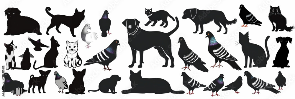Obraz premium Silhouettes of a horse animal with a group of cute pets on a white background