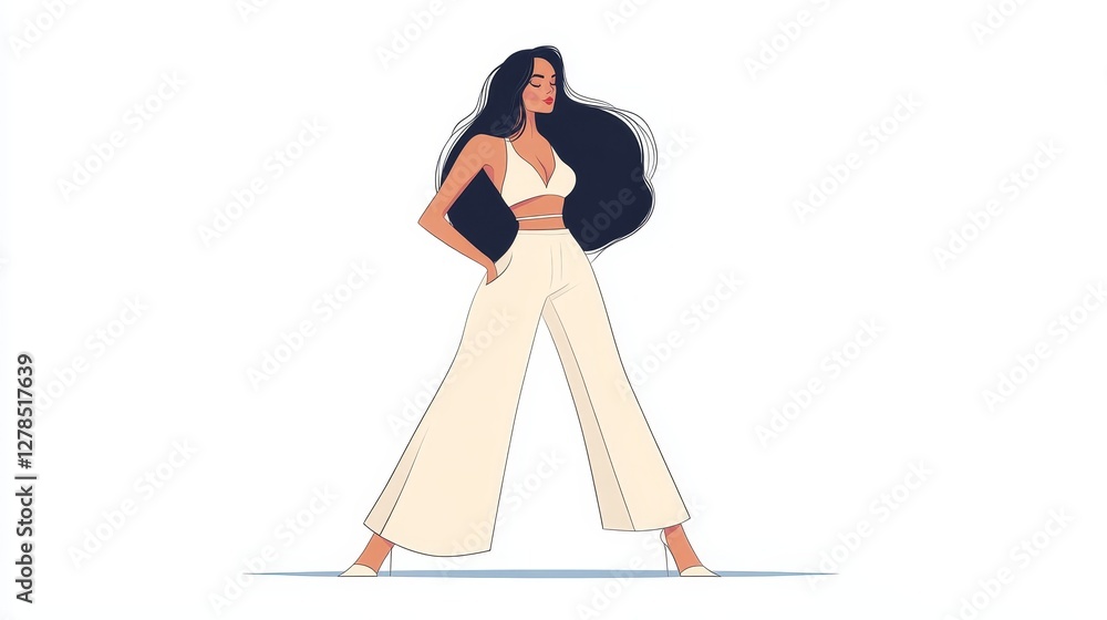 Fototapeta premium Stylish Woman in White Outfit Posing Confidently on White Background