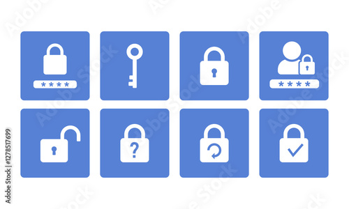 Password icons on blue rectangle set. Vector illustration