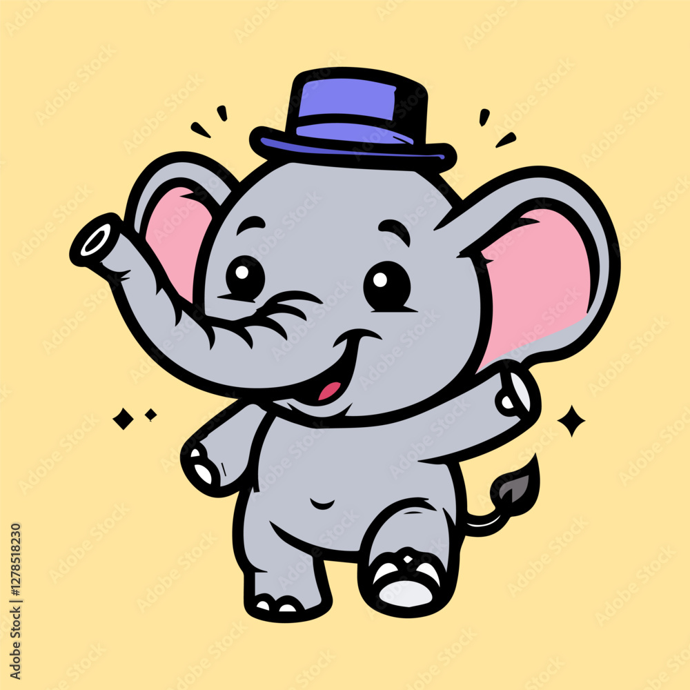 Fototapeta premium Cute cartoon elephant with hat. Vector illustration on yellow background.