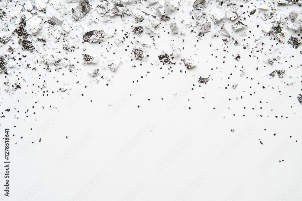 Obraz premium Crumbled white powder with black glitter on white background.