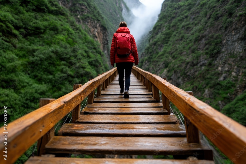 Woman hikes misty mountain bridge, green valley background, travel adventure Woman hikes misty mountain bridge, green valley background, travel adventure