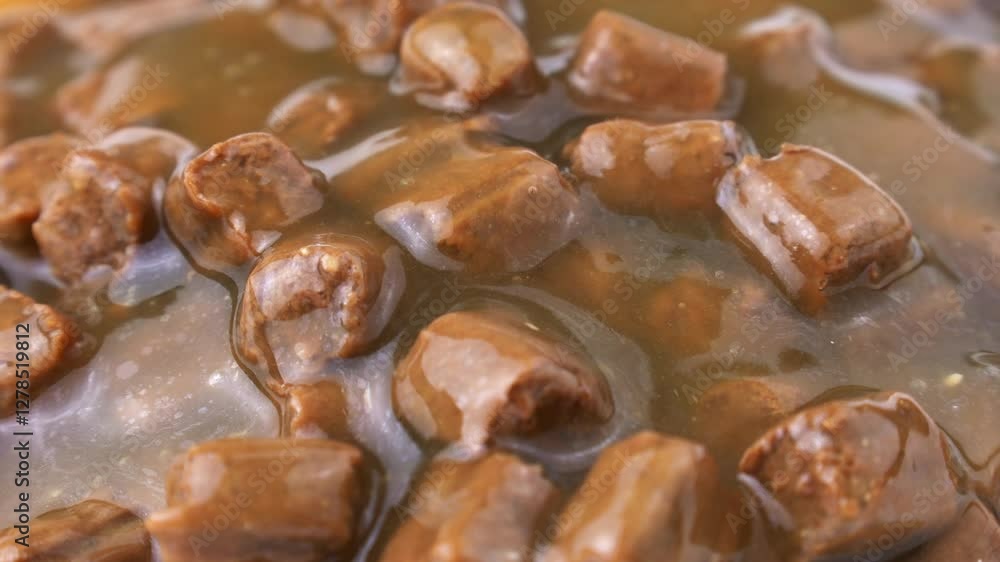 Brown pieces in jelly sauce of wet dog food falling down close up Brown pieces in jelly sauce of wet dog food falling down close up