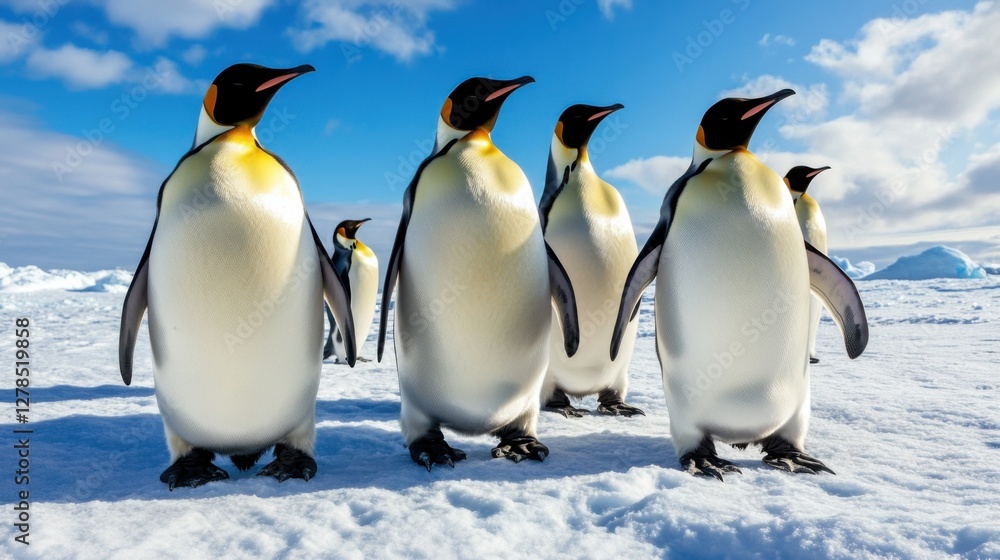 Fototapeta premium Emperor penguin colony in the icy wilderness, huddling together for warmth, extreme Antarctic weather, strong sense of survival
