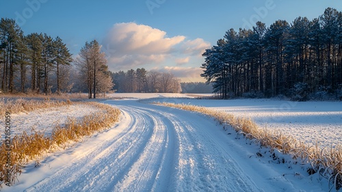 Winter snowy road through frosted field at sunrise photo