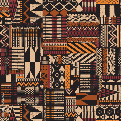 Traditional ethnic African fabric patchwork wallpaper abstract vector seamless pattern for fabric shirt carpet card cloth tablecloth pillow rug