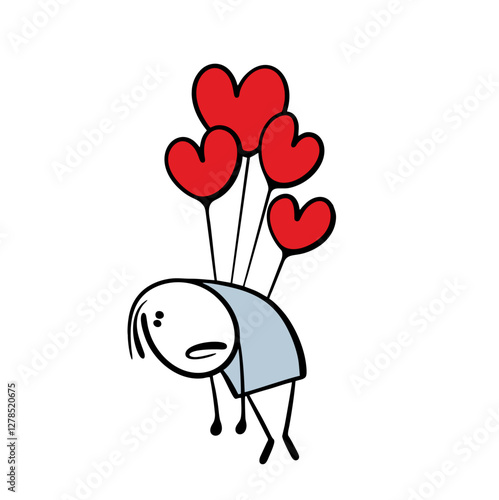 Disgruntled stickman is tied to heart-shaped balloons flying into the sky. Vector illustration of destructive relationships, unhappy love. Isolated funny character on white background.