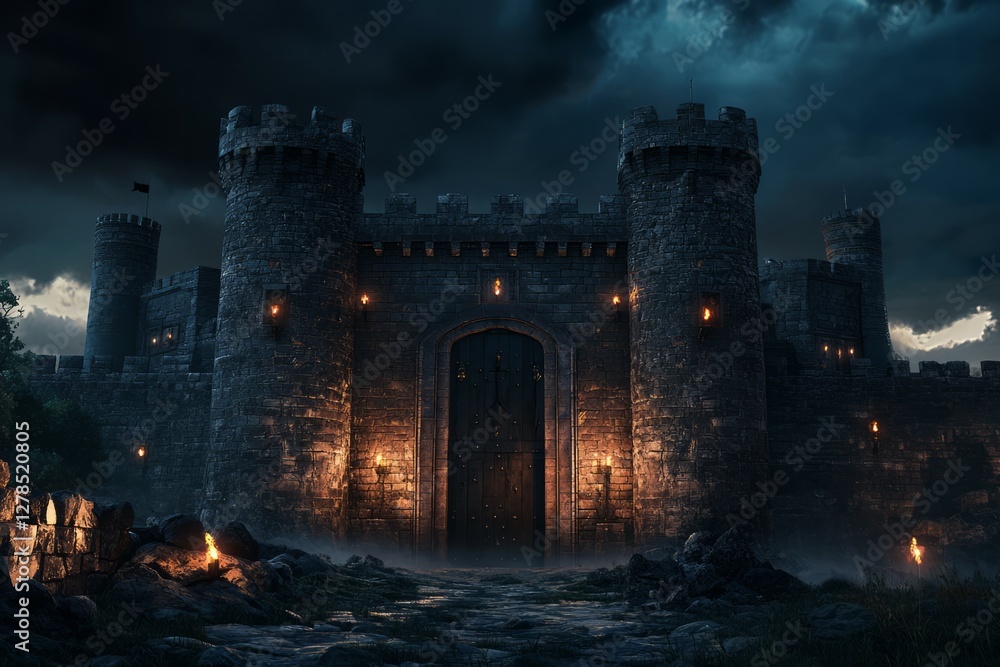 Fototapeta premium Majestic castle gates at night with torches ablaze. AI image