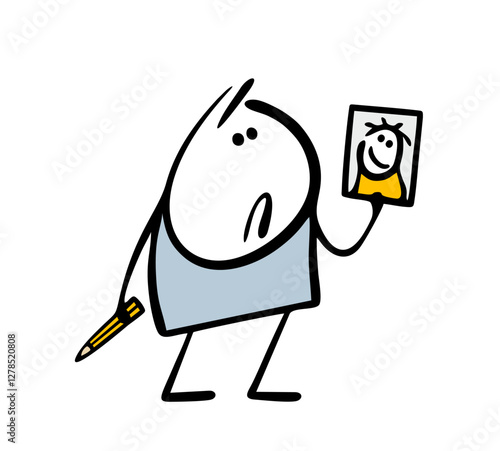 Famous artist drew a self-portrait in pencil. Vector illustration of a stickman holding a pencil and a picture of a disgruntled, upset man. Isolated funny character on white background.