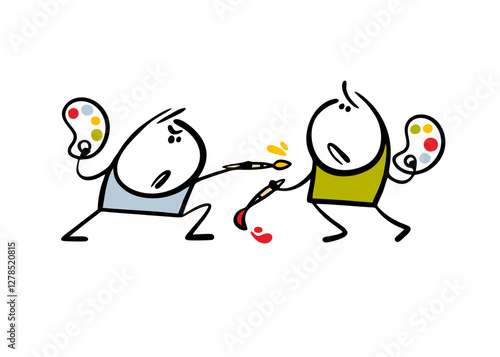 Duel between two artists. Vector illustration of a stickman attacking an opponent with  brush and palette of paints. The struggle of styles in painting. Isolated funny character on white background.