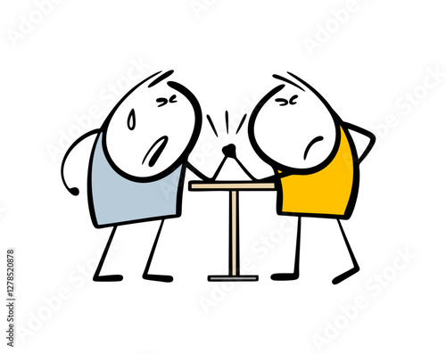 Arm wrestling competitions. Vector illustration two men clenched their fists, muscles tensed, find out who is stronger. Athletes at the championship. Isolated funny characters on white background.