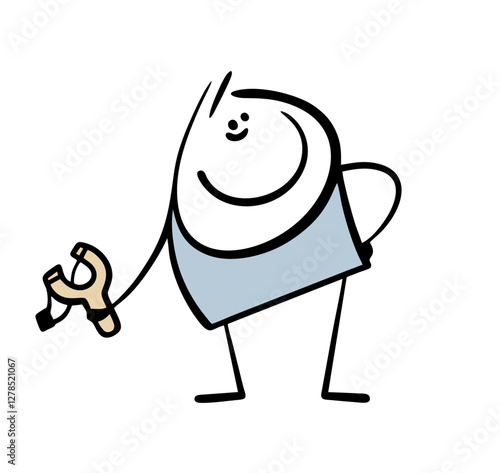 Impudent bully stands with slingshot and a black eye and admires the broken window. Vector illustration of a naughty child, a brawler and a lazy man. Isolated funny character on white background.