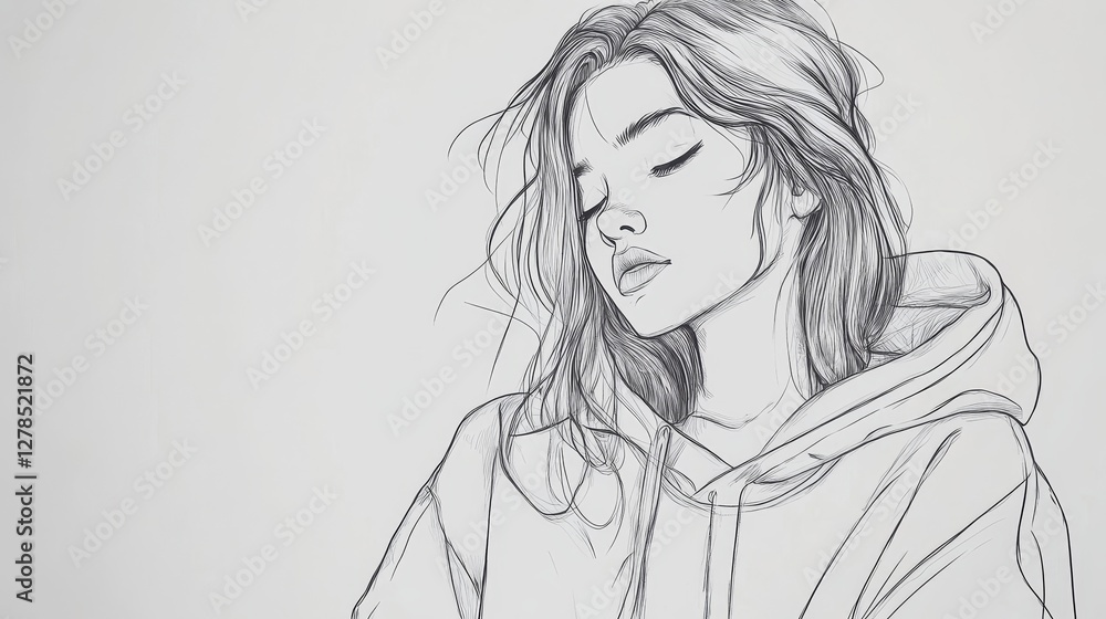 Young Woman with Messy Hair in Hoodie Sketch Art Illustration Young Woman with Messy Hair in Hoodie Sketch Art Illustration