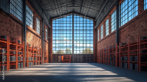 Wallpaper Mural A spacious industrial interior with large windows, brick walls, and metal shelves, illuminated by natural light streaming through. Torontodigital.ca