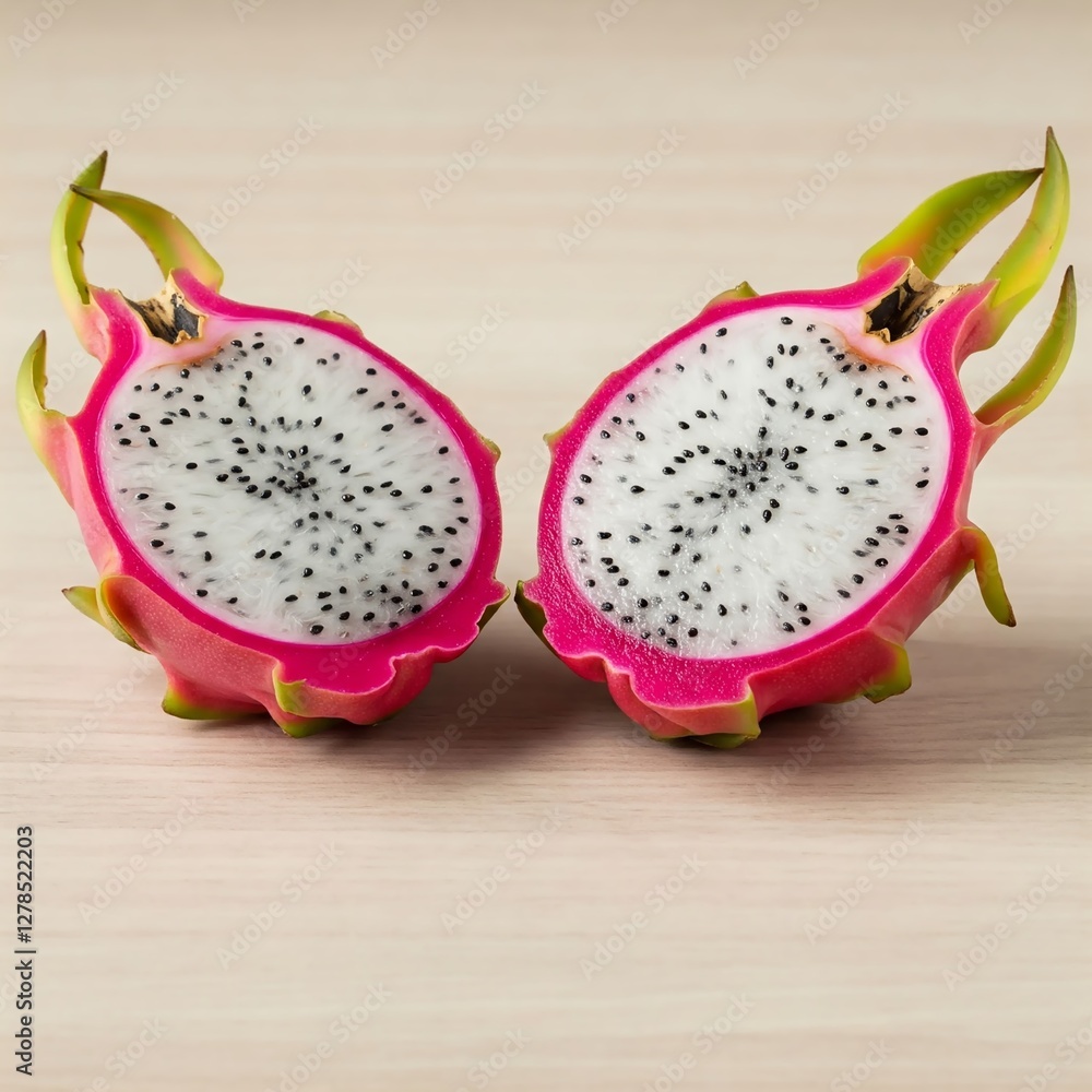 A photorealistic close-up of sliced dragon fruit on a light wooden background. Soft lighting and space for text. Perfect for ads, blogs, and UI/UX. A photorealistic close-up of sliced dragon fruit on a light wooden background. Soft lighting and space for text. Perfect for ads, blogs, and UI/UX.