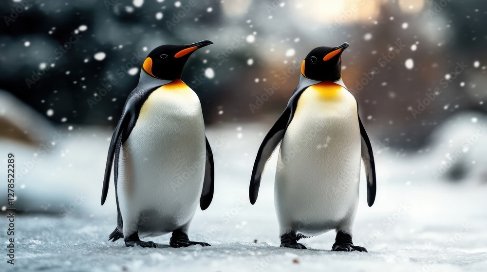 Fototapeta premium Extreme cold climate with penguins adapting, frozen tundra, snow-covered ground, peaceful and undisturbed environment