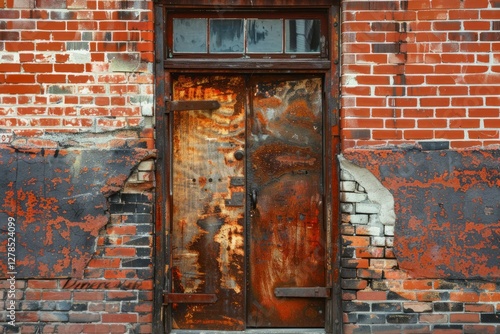 Photo of Red brick wall with old rustic weathered door in european city. Background texture for backdrops or mapping photo