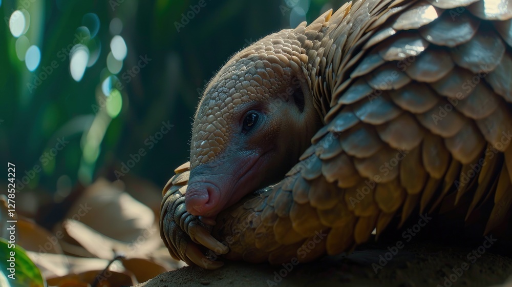 Obraz premium The view of the pangolin is decorated with grass and sunlight