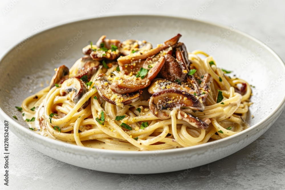 Mushroom spaghetti in white bowl, soft natural light. AI image Mushroom spaghetti in white bowl, soft natural light. AI image