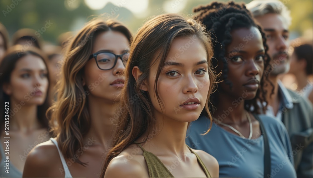Fototapeta premium Three Young Women of Diverse Ethnicities in a Crowd