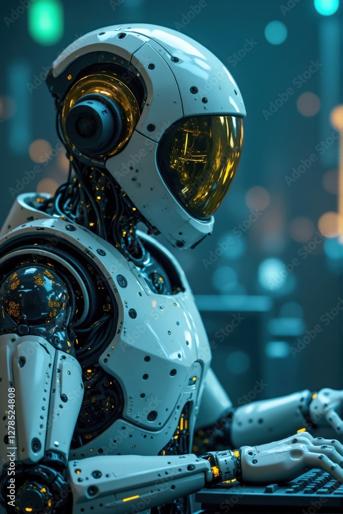 Fototapeta premium Futuristic robot typing on keyboard in high tech environment