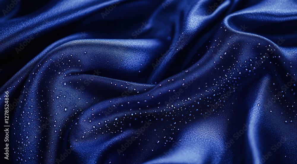 Fototapeta premium Dark blue satin fabric with water droplets.