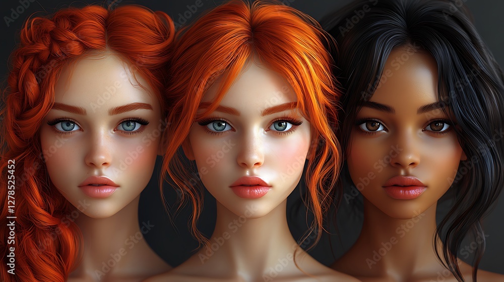 Obraz premium Three Women with Braided Red, Flowing Orange, and Sleek Black Hairstyles