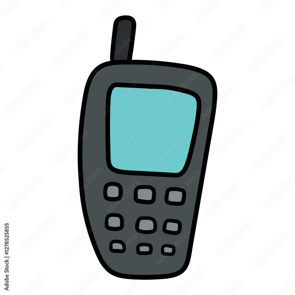 Hand drawn cartoon old gray mobile phone on white background. Hand drawn cartoon old gray mobile phone on white background.