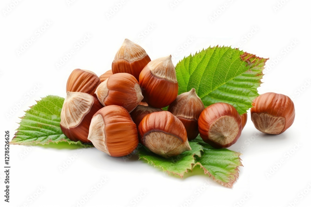 Hazelnuts with green leaves on white background. AI image Hazelnuts with green leaves on white background. AI image