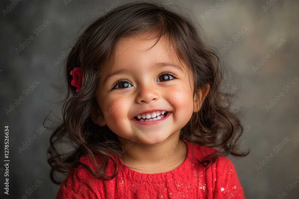 Smiling hispanic female child in red dress with curly hair. Cute girl portrait Smiling hispanic female child in red dress with curly hair. Cute girl portrait