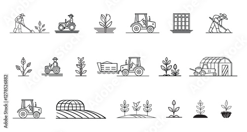 Agriculture and farming editable stroke outline icons set – soil, farming, planting, tractors, greenhouses, crop cultivation, and harvesting - flat vector illustration isolated on white background.
