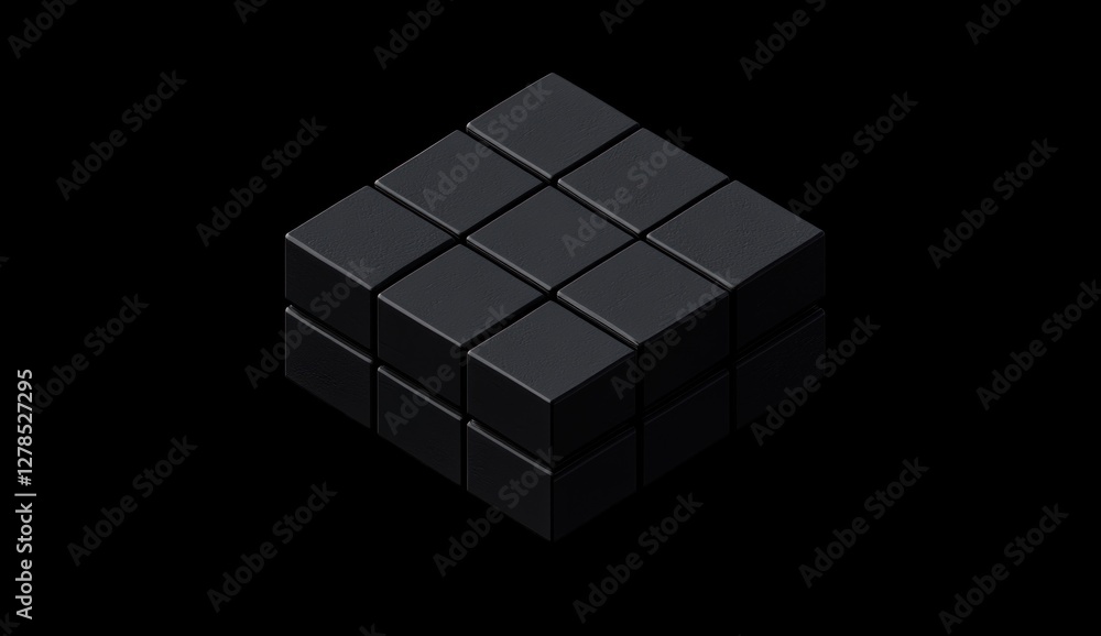 Dark gray 3D cube, composed of smaller cubes. Dark gray 3D cube, composed of smaller cubes.