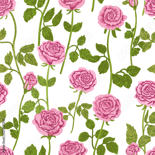 Vector Floral Seamless Pattern with Colorful Textured Illustrations of Pink Roses on White Background