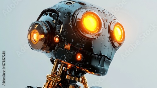 Close-up of a Futuristic Robot Head with Glowing Orange Eyes photo