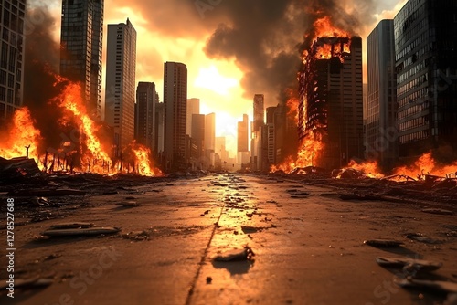 Apocalyptic firestorm devastates urban landscape abandoned city street digital artwork dystopian environment eye-level view photo