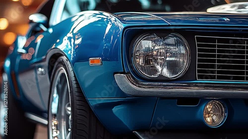 an American muscle car, highlighting its bold front grille, polished chrome, and aggressive stance.