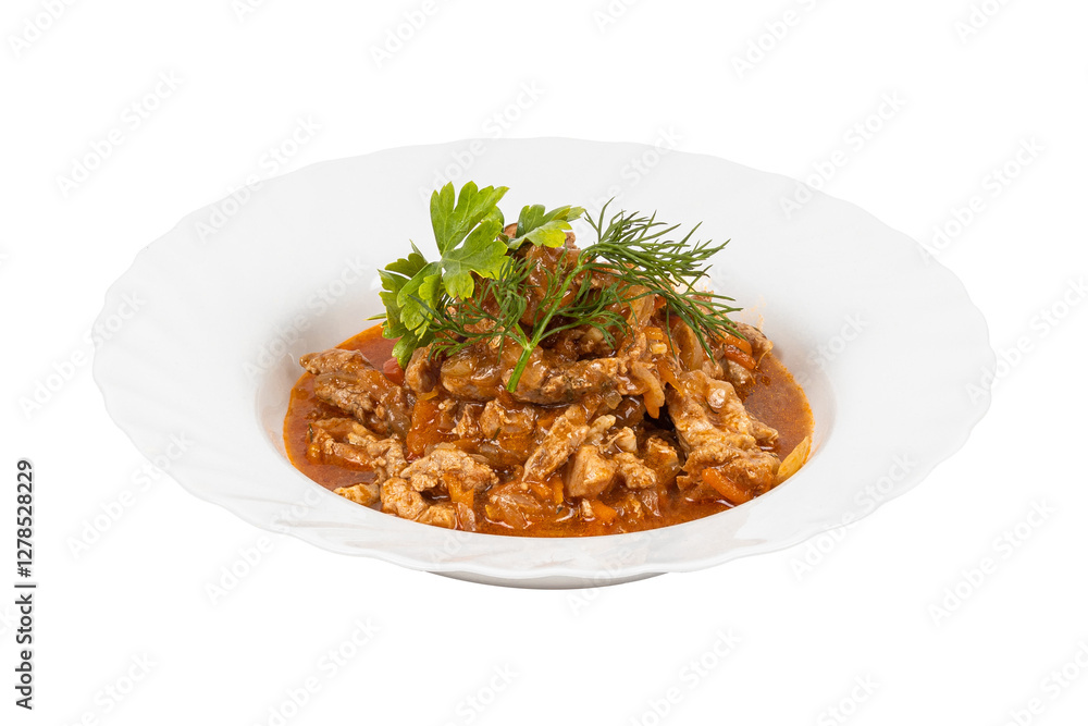 A white bowl filled with meat and sauce on a white background A white bowl filled with meat and sauce on a white background