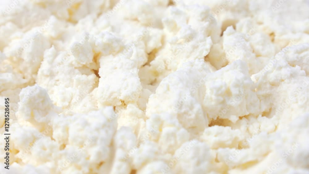 Fresh white ricotta cheese texture circle rotation close up Fresh white ricotta cheese texture circle rotation close up