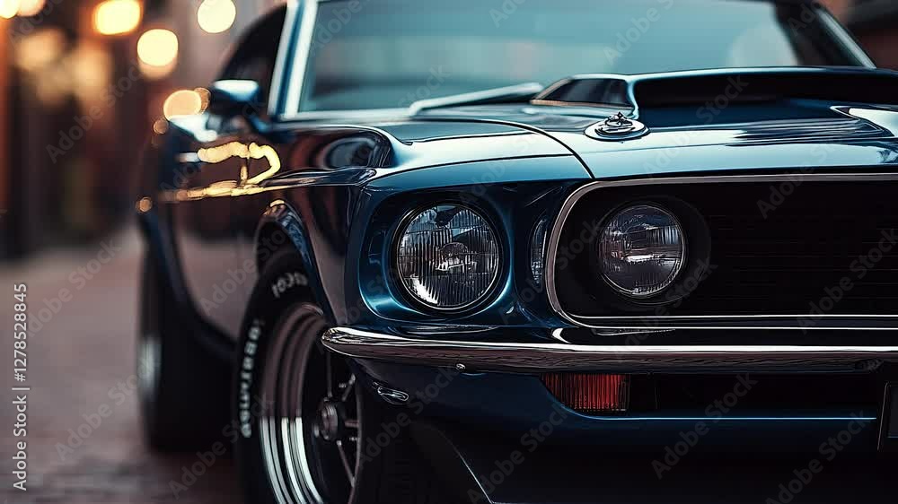 an American muscle car, highlighting its bold front grille, polished chrome, and aggressive stance. an American muscle car, highlighting its bold front grille, polished chrome, and aggressive stance.
