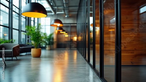 Glass wall modern office with blur effect, professional and contemporary workspace, clean and elegant lighting