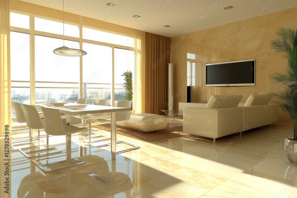 Fototapeta premium Modern luxury apartment living room with dining area and city view.
